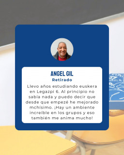 🗣️ Eskerrik asko zure hitzengatik, Ángel!
Urteak daramatzazu gurekin, eta zure aurrerapena ikustea pozgarria da!
🎓 Gure taldeetan giro aparta dago, eta adin guztietako jendea ikasten ari da, baita erretiratuak ere!
💚 Euskara ikasteko inoiz ez da berandu!
➡️ legazpi6.eus

#Legazpi6 #EuskaraIkasi #EuskarazBizi 
#Euskara #Euskaltegia #Donostia