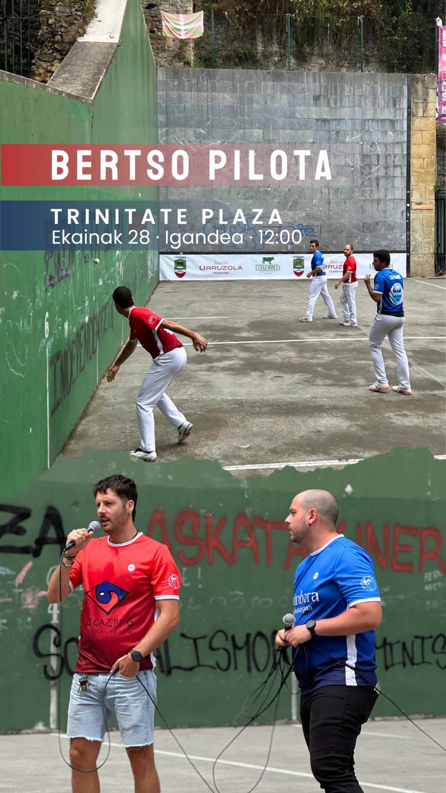 π€π Eskerrik asko gaur etorri zareten guztioi!
π Giro aparta izan dugu Trinitate Plazan: bertsoak, pilota eta lagunarte ederra.
π Etorri zareten guztiei eskerrik asko parte hartzeagatik eta giroa sortzeagatik.
π
Hurrengo Bertso-Pilotan ere zuen zain izango gara!
Animatu eta etorri gozatzera! π€ππ
#BertsoPilota #Euskara #Pilota #Donostia #zetak @zetak_org